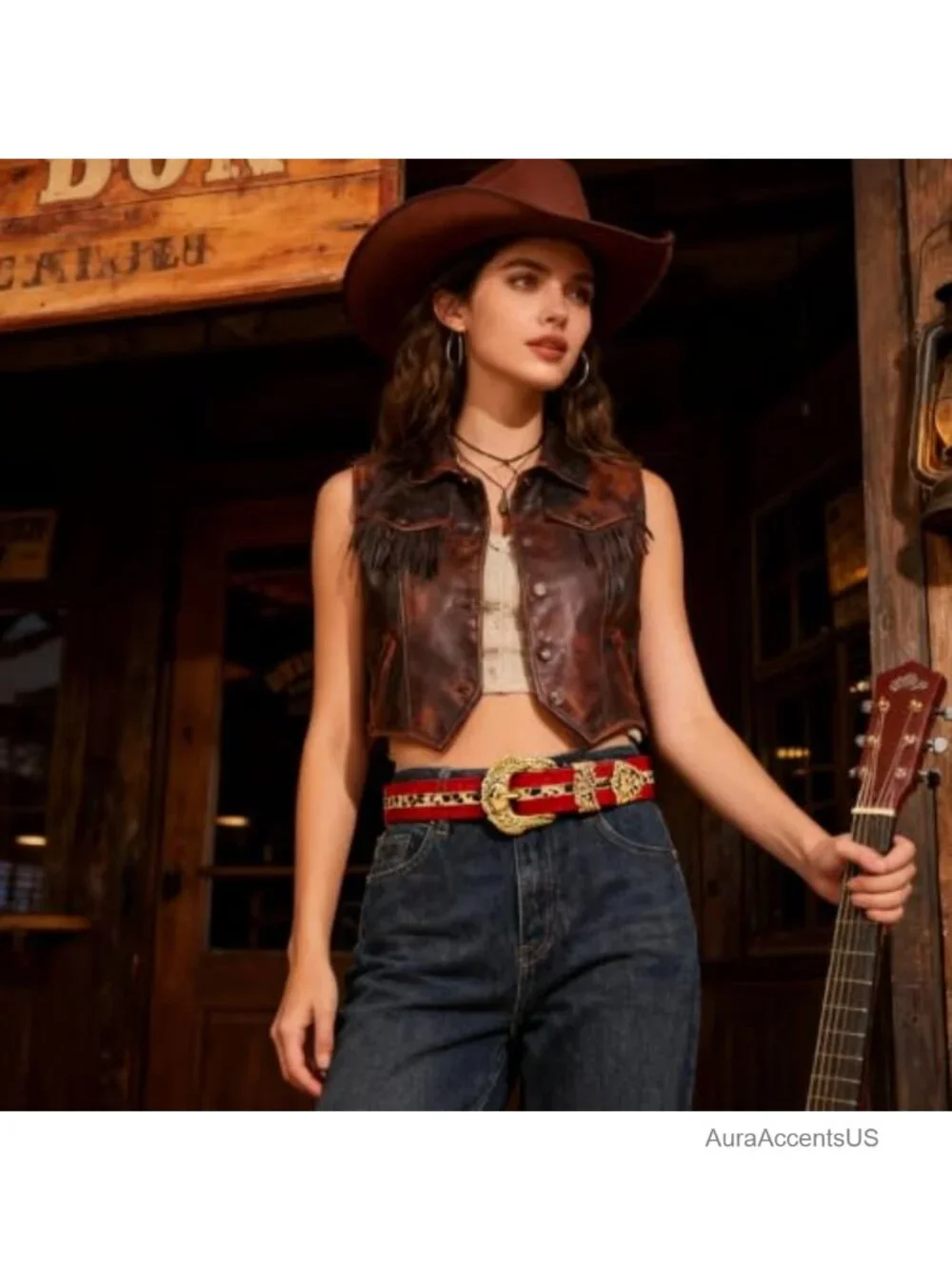 Vintage Carved Western Belt for Women Faux Leather Cowgirl Waist 1.5 Inch